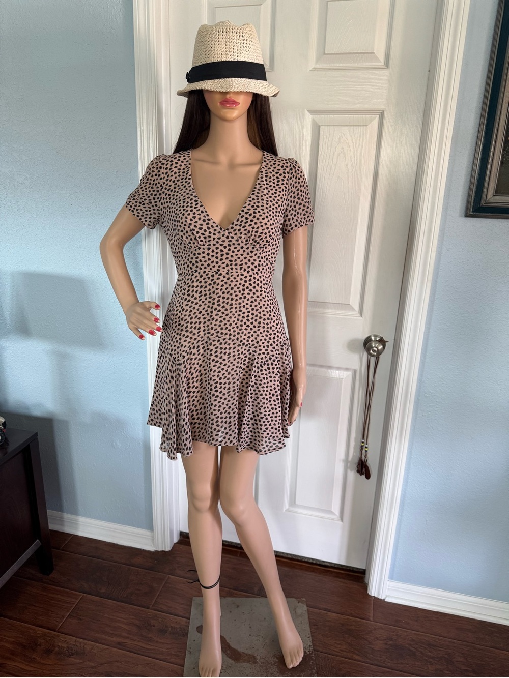 (73) Polka Dot V‑Neck Mini Dress in Taupe